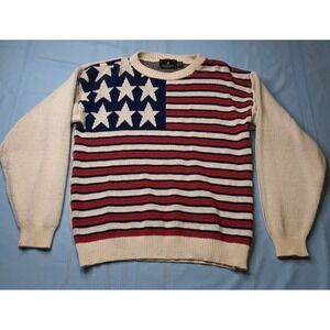 Vintage American Flag Sweater Full Front Print Mens Medium Barclay Made In USA